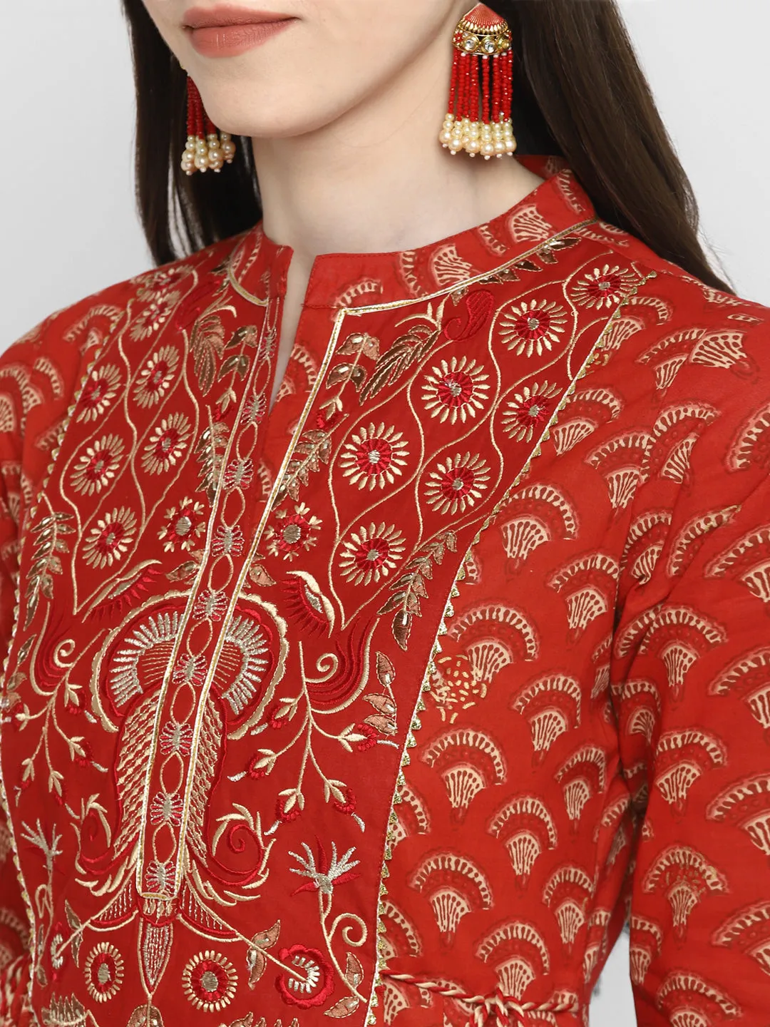 Women'S Embroidered & Printed Anarkali Cotton Red Kurta