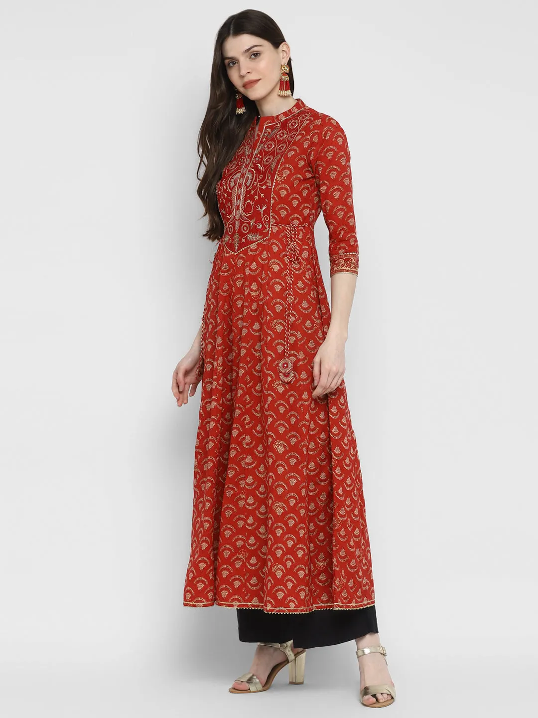 Women'S Embroidered & Printed Anarkali Cotton Red Kurta