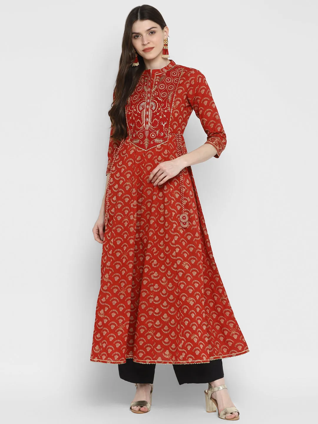 Women'S Embroidered & Printed Anarkali Cotton Red Kurta