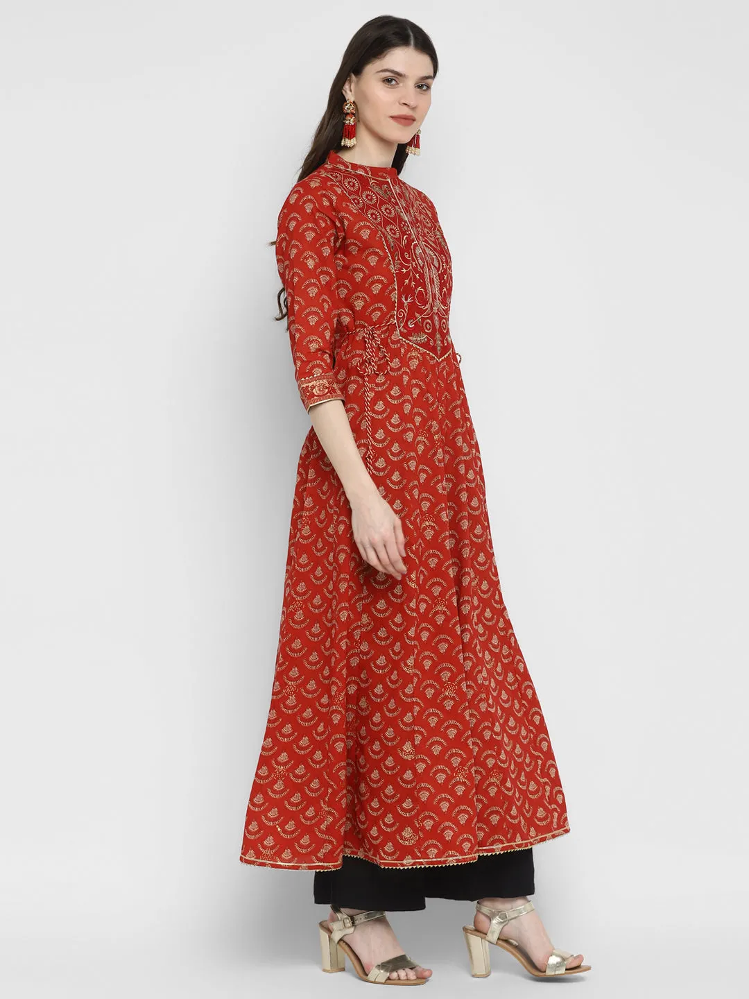 Women'S Embroidered & Printed Anarkali Cotton Red Kurta