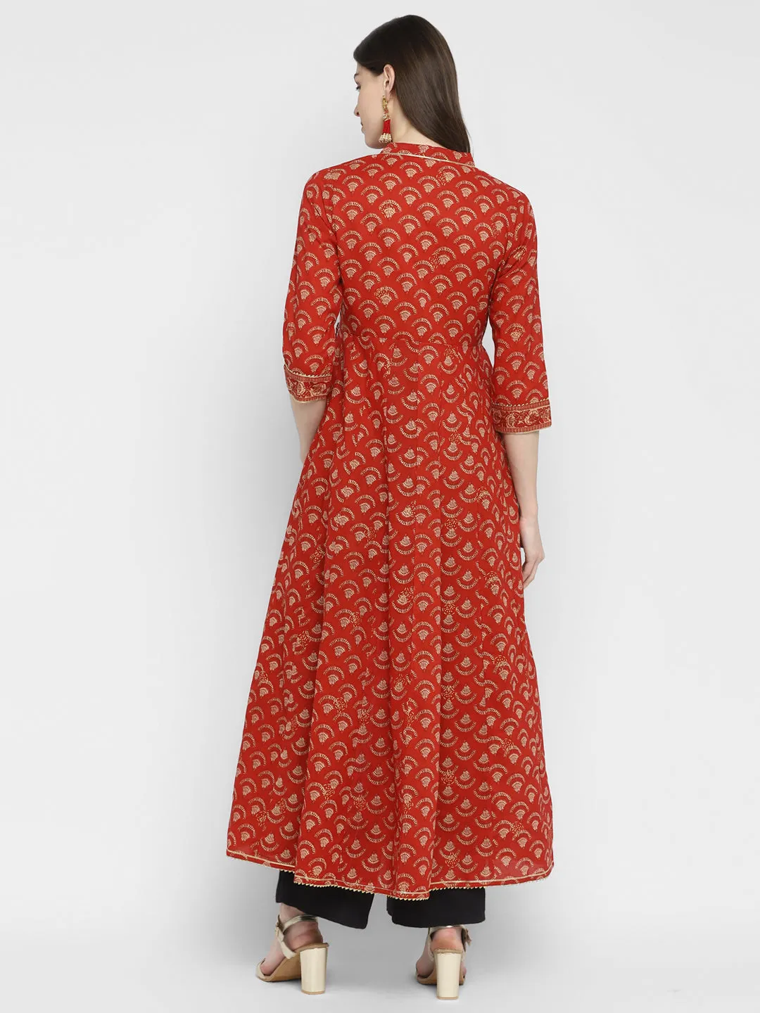 Women'S Embroidered & Printed Anarkali Cotton Red Kurta