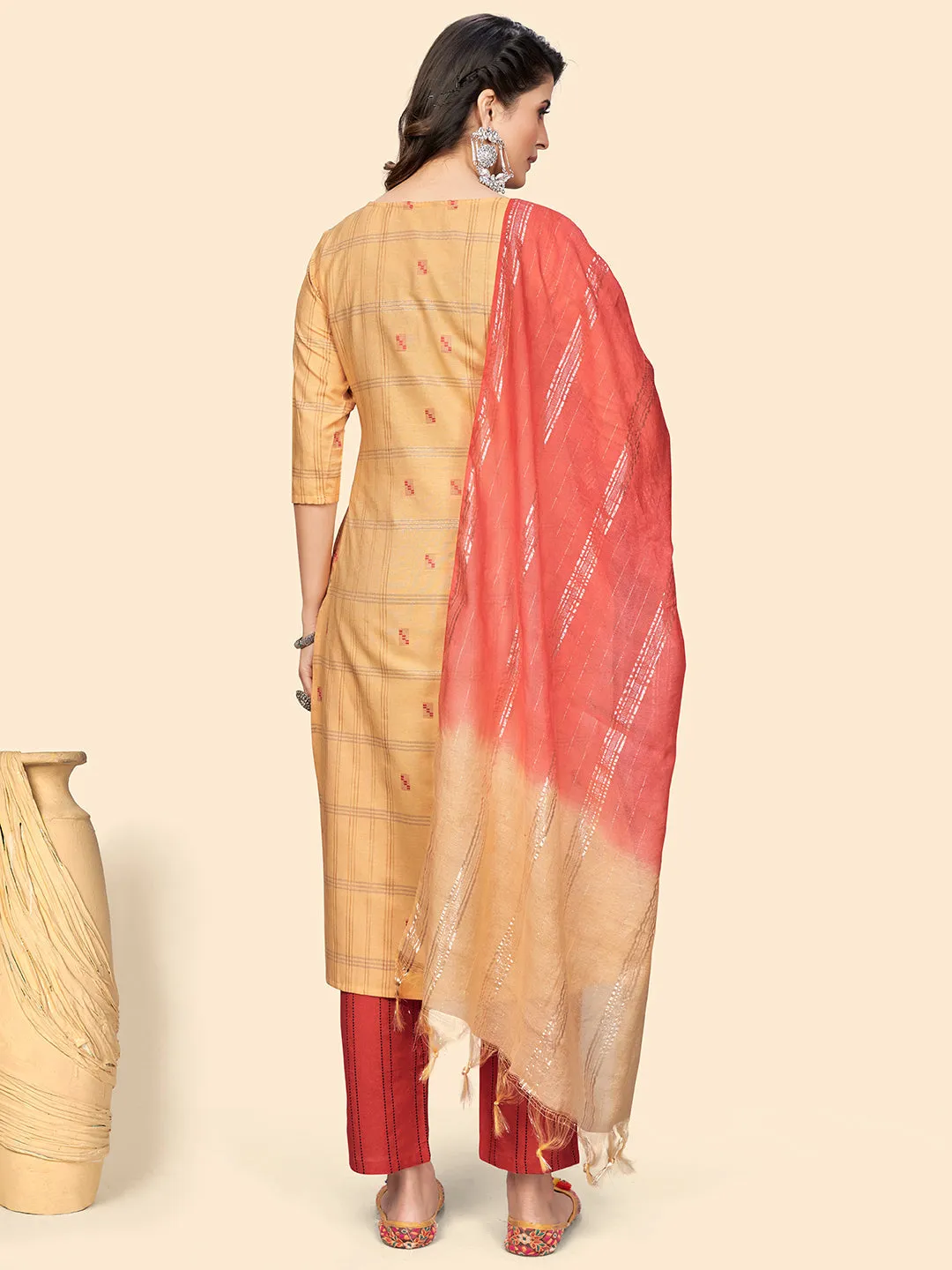 Women'S Embroidered & Sequience Straight Cotton Yellow Stitched Kurta Pant With Dupatta