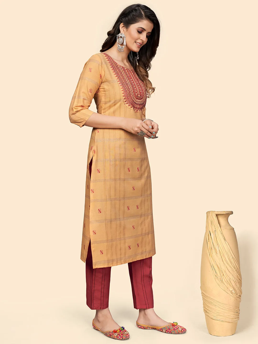 Women'S Embroidered & Sequience Straight Cotton Yellow Stitched Kurta Pant With Dupatta