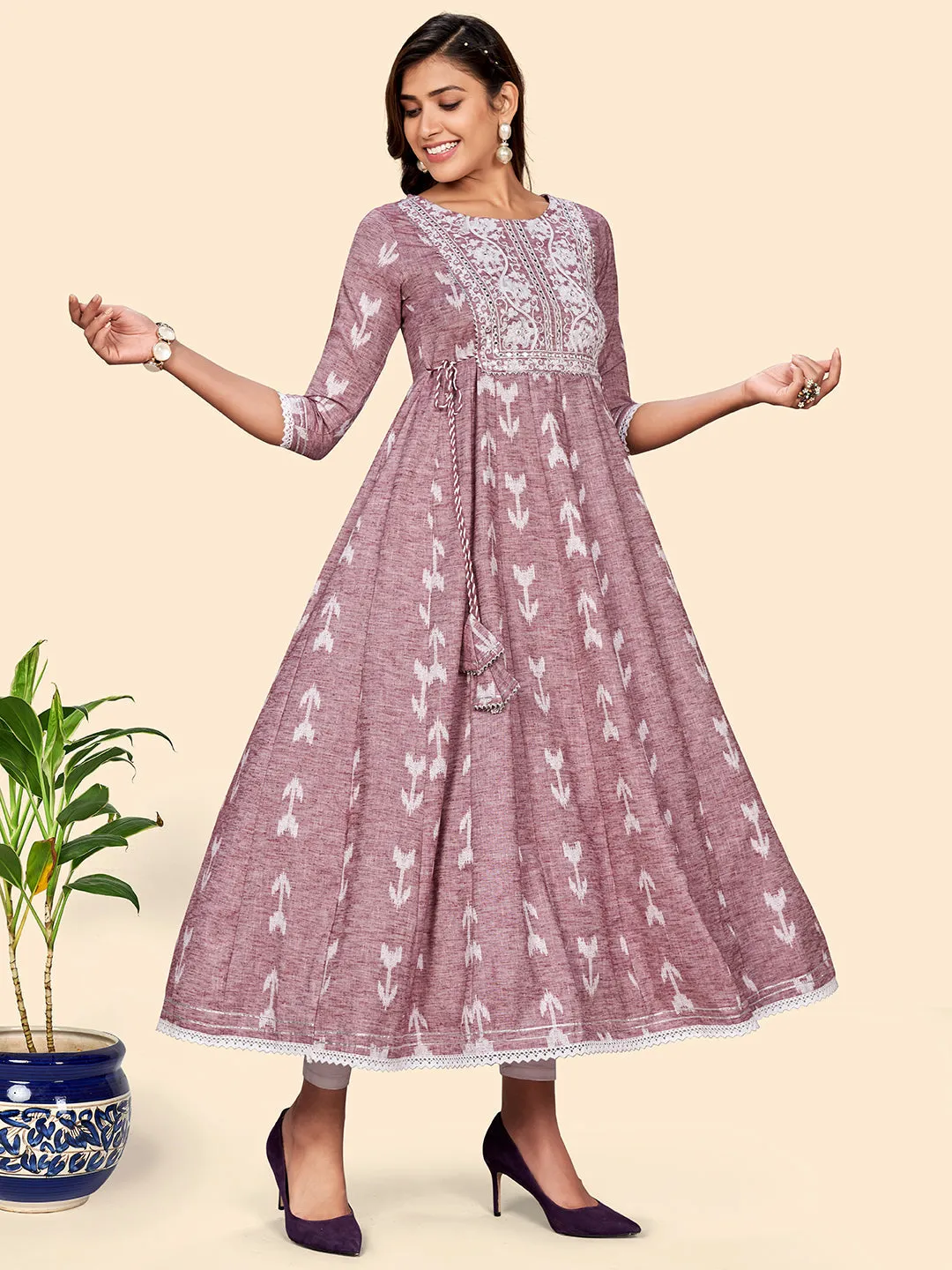 Women'S Embroidered Anarkali Cotton Blend Mauve Stitched Dress