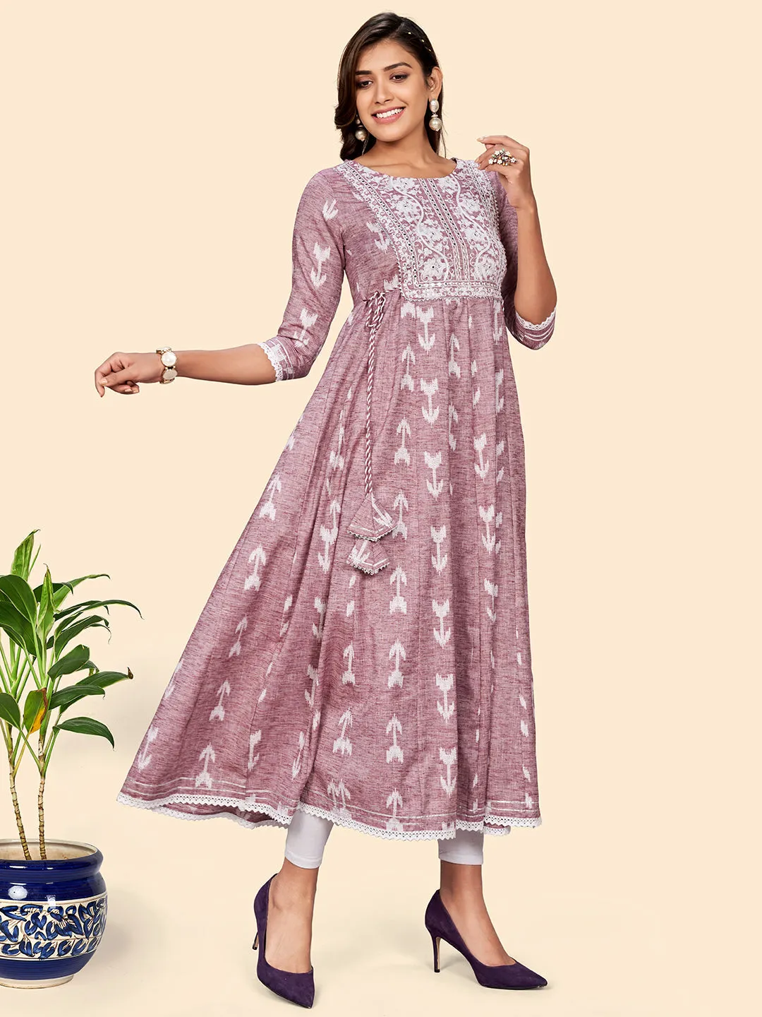 Women'S Embroidered Anarkali Cotton Blend Mauve Stitched Dress