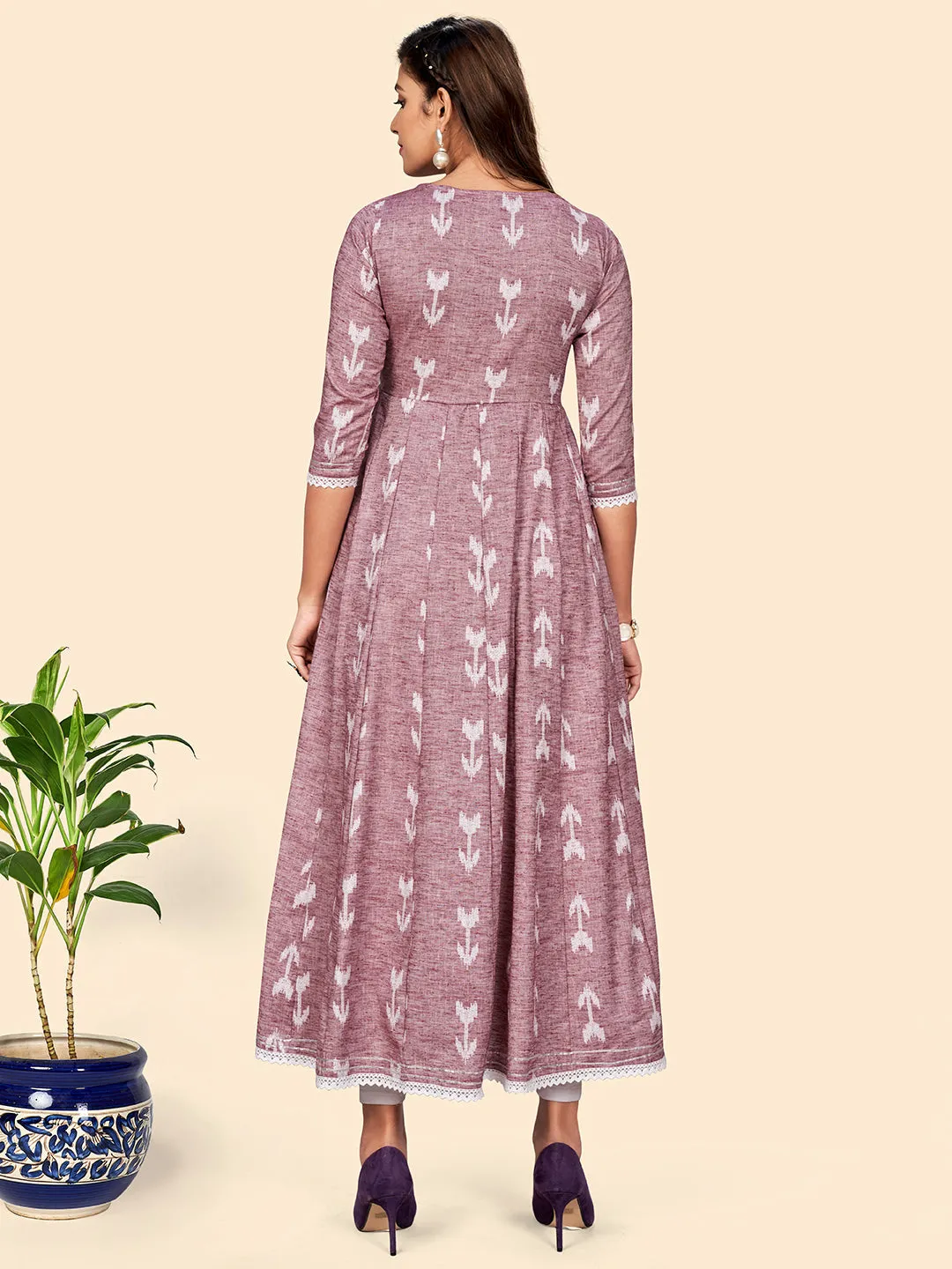 Women'S Embroidered Anarkali Cotton Blend Mauve Stitched Dress