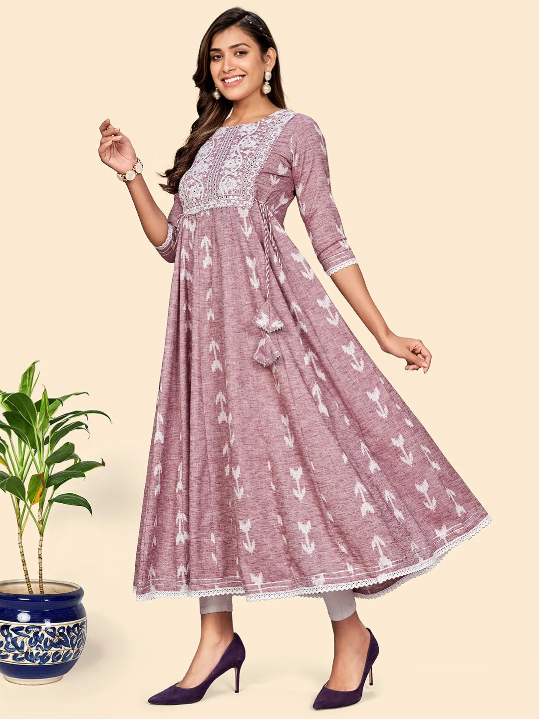 Women'S Embroidered Anarkali Cotton Blend Mauve Stitched Dress