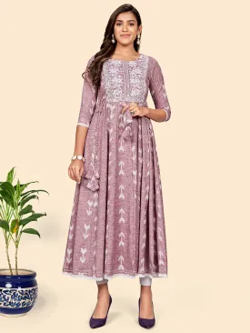 Women'S Embroidered Anarkali Cotton Blend Mauve Stitched Dress