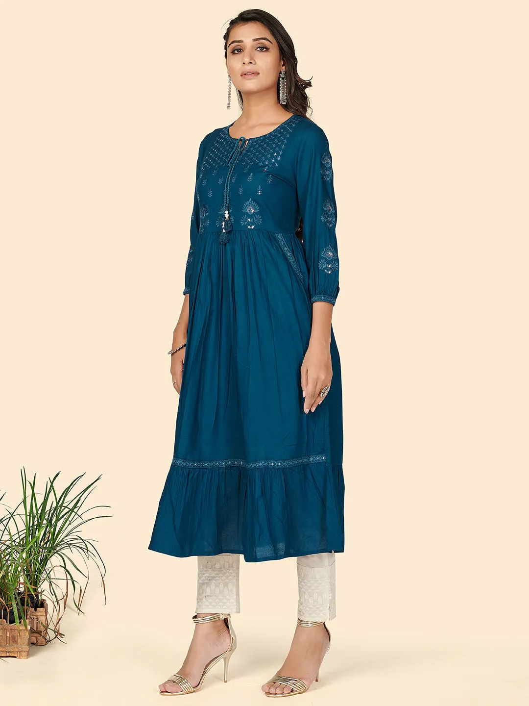 Women'S Embroidered Anarkali Rayon Dark Aqua Stitched Kurta