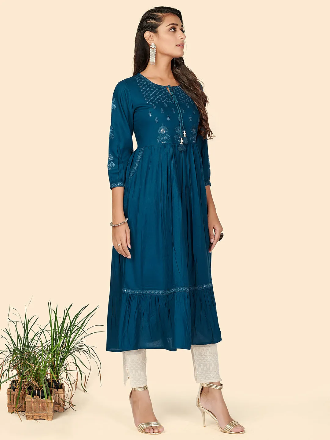 Women'S Embroidered Anarkali Rayon Dark Aqua Stitched Kurta