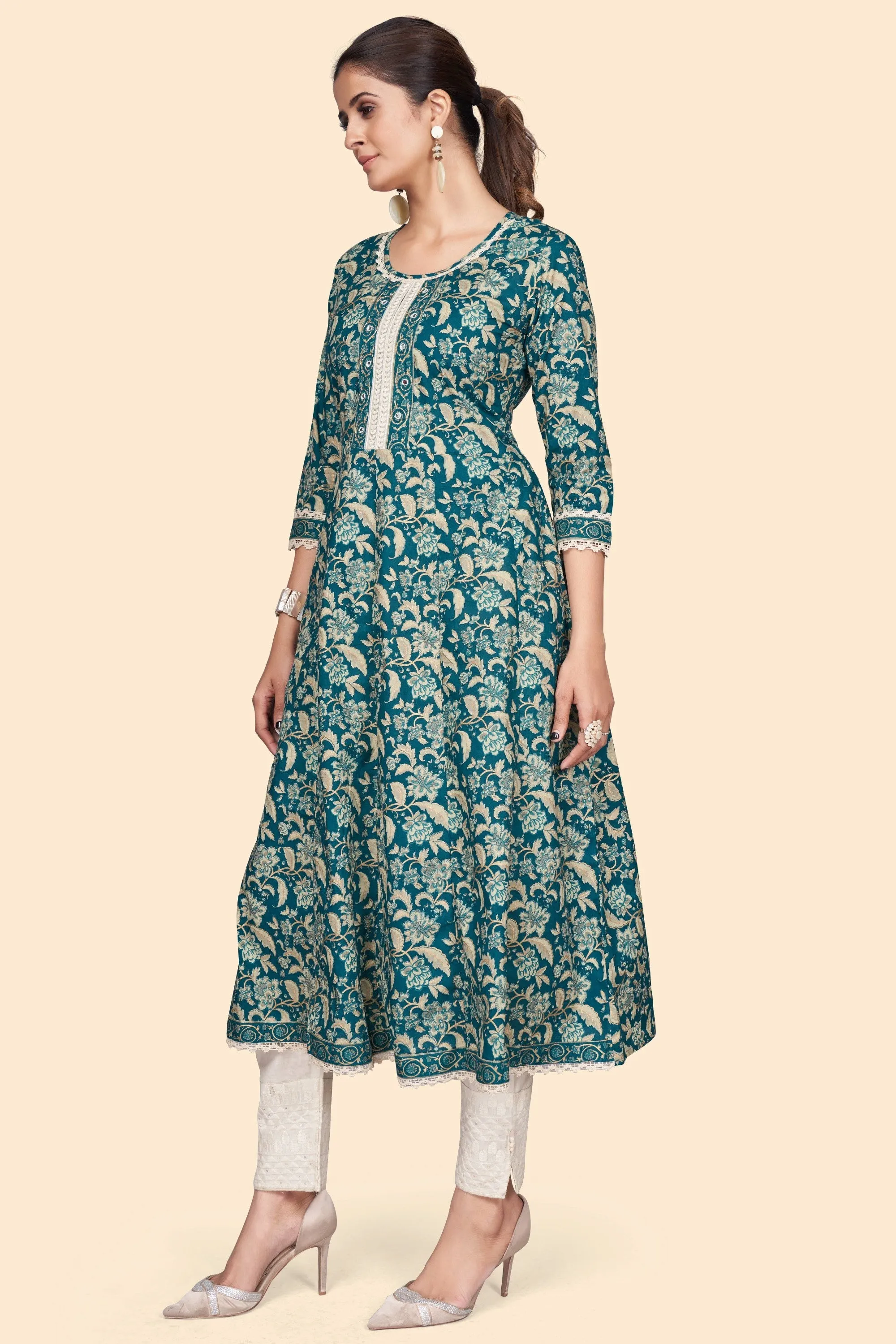 Women'S Floral Print A-Line Cotton Teal Stitched Kurta