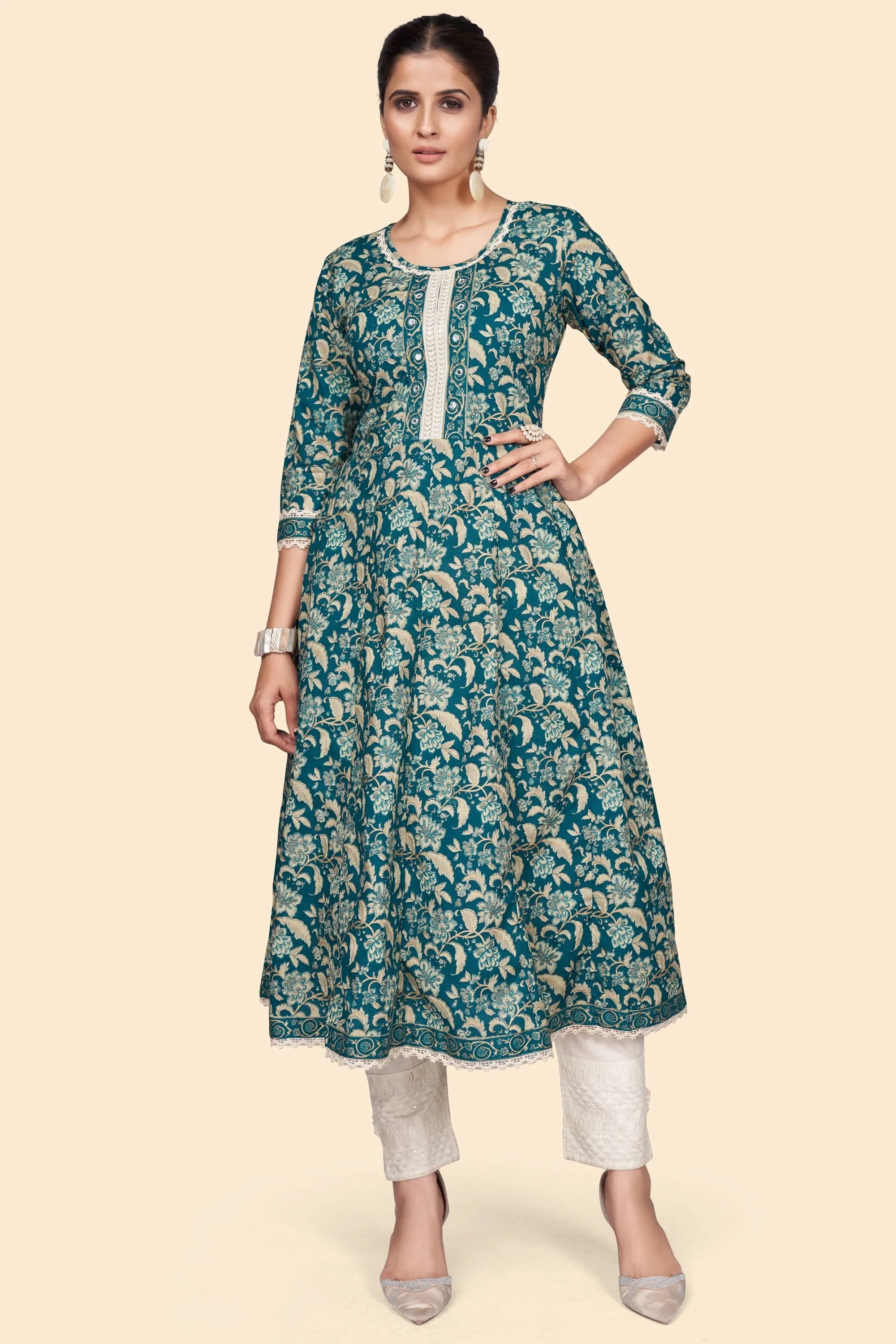 Women'S Floral Print A-Line Cotton Teal Stitched Kurta