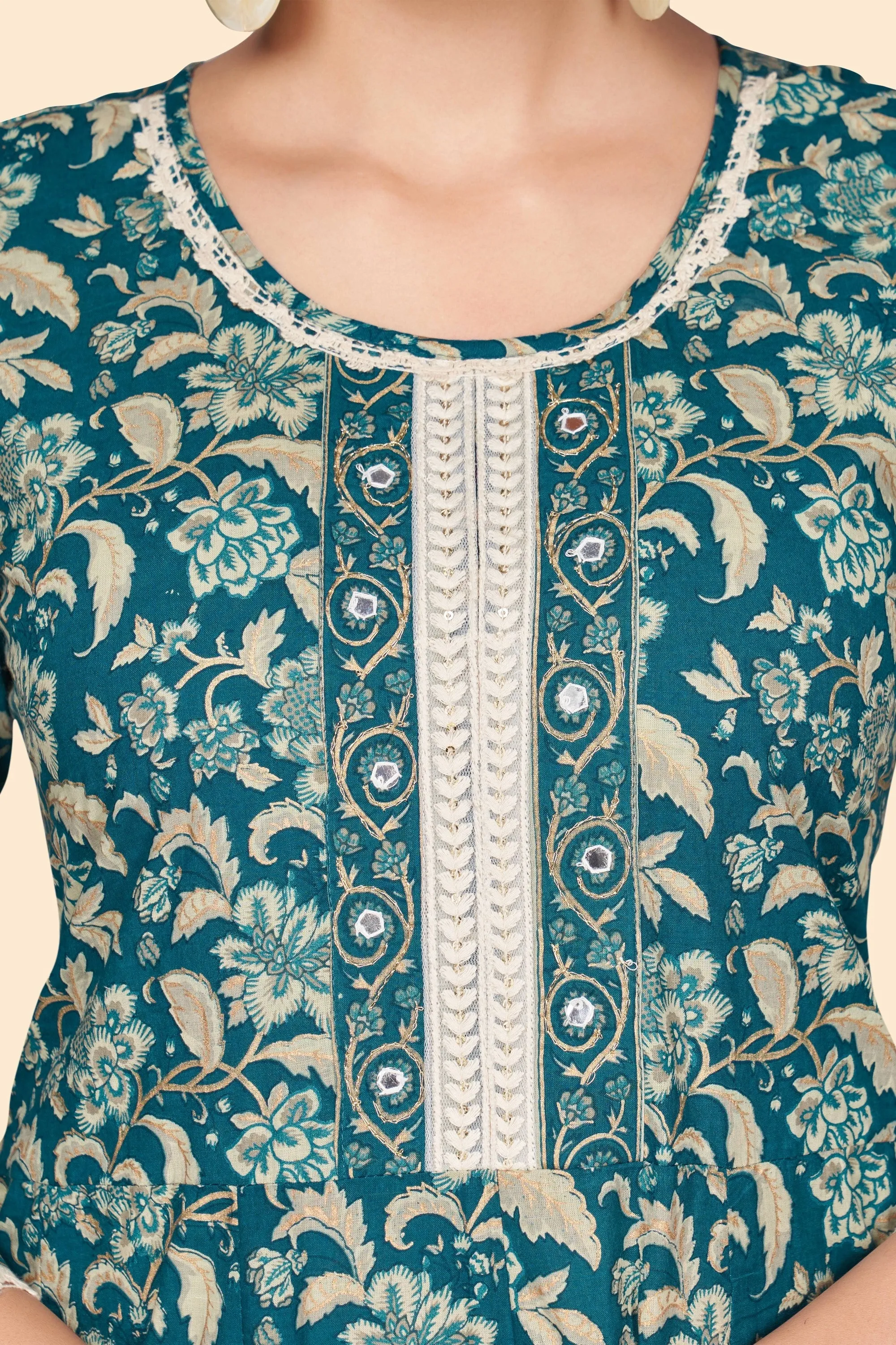 Women'S Floral Print A-Line Cotton Teal Stitched Kurta