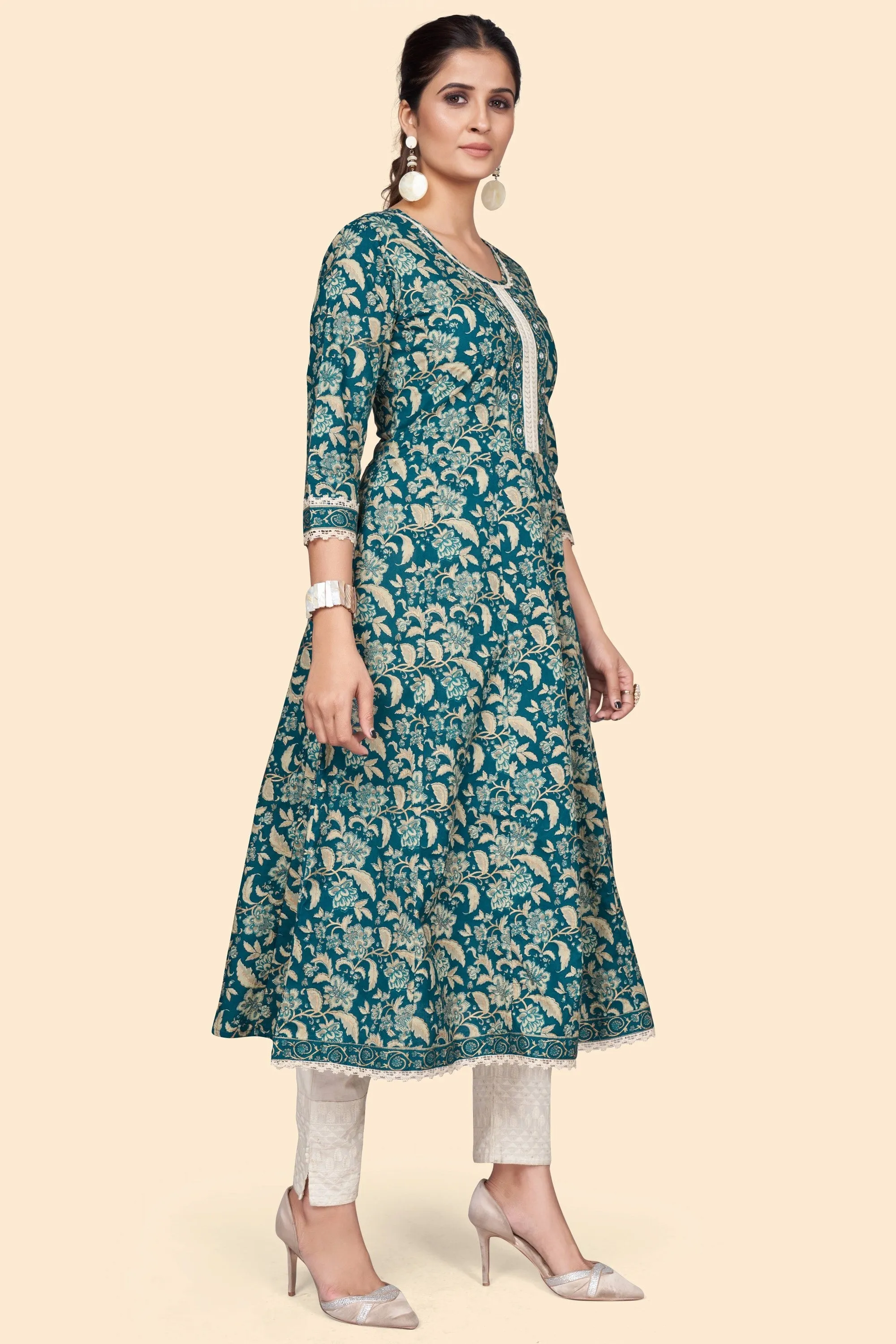 Women'S Floral Print A-Line Cotton Teal Stitched Kurta