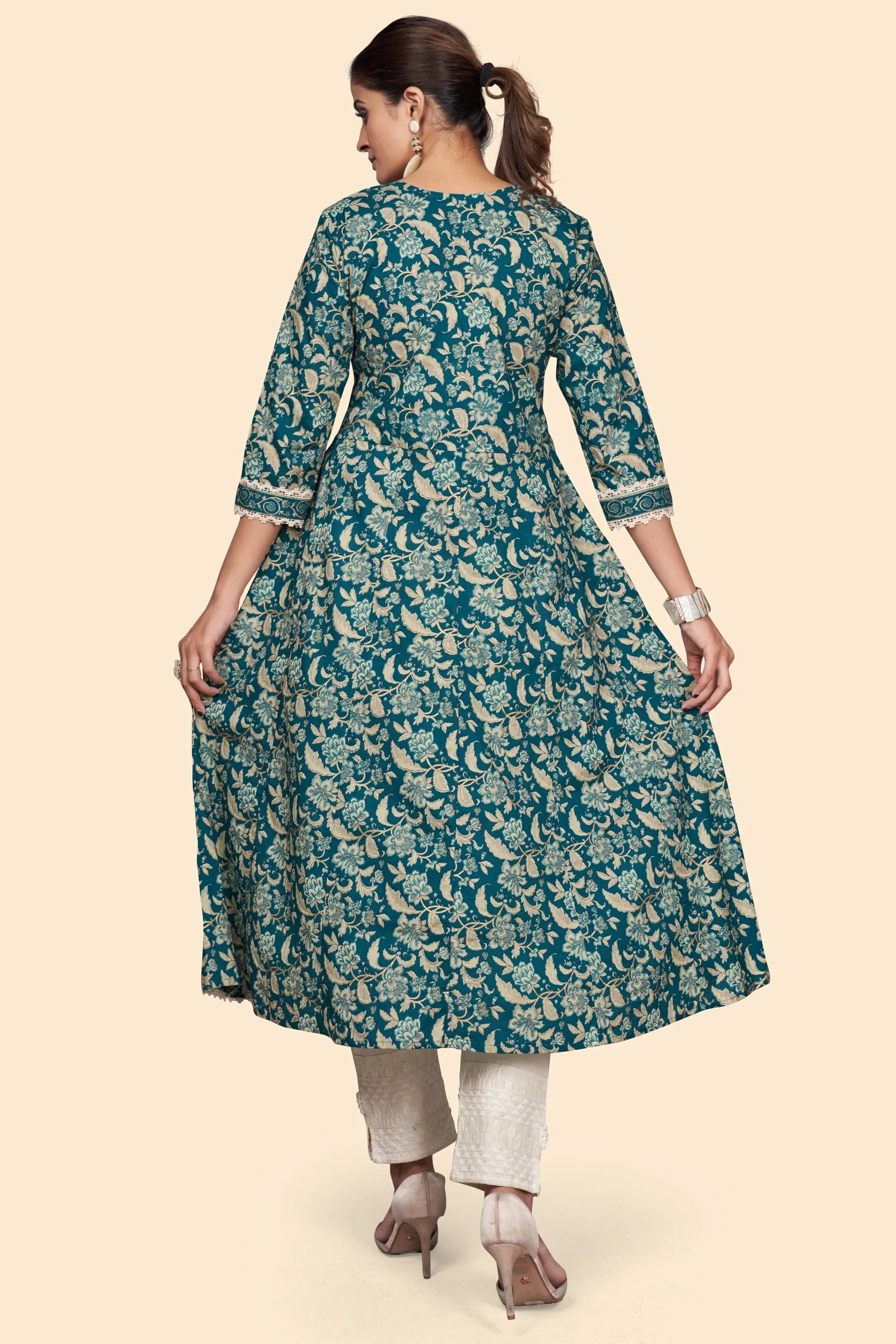 Women'S Floral Print A-Line Cotton Teal Stitched Kurta