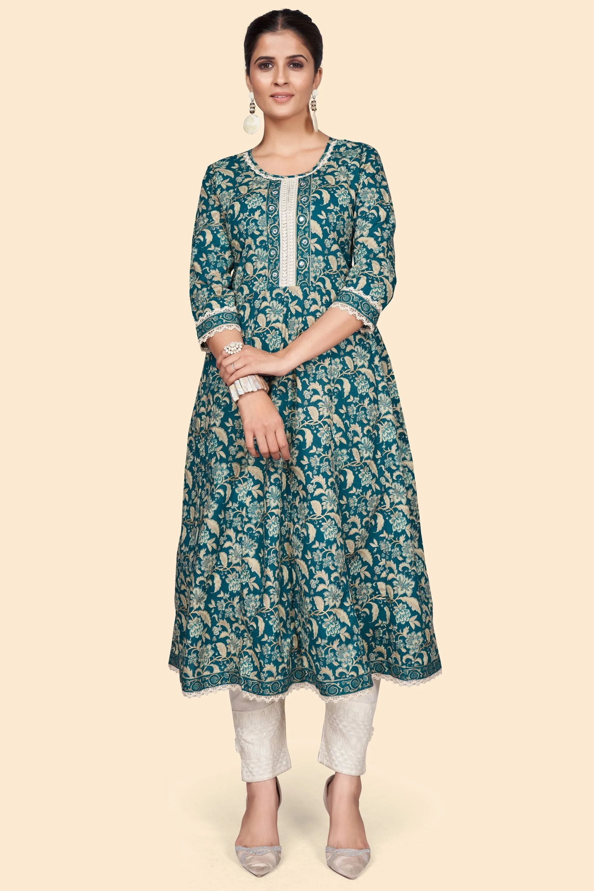 Women'S Floral Print A-Line Cotton Teal Stitched Kurta