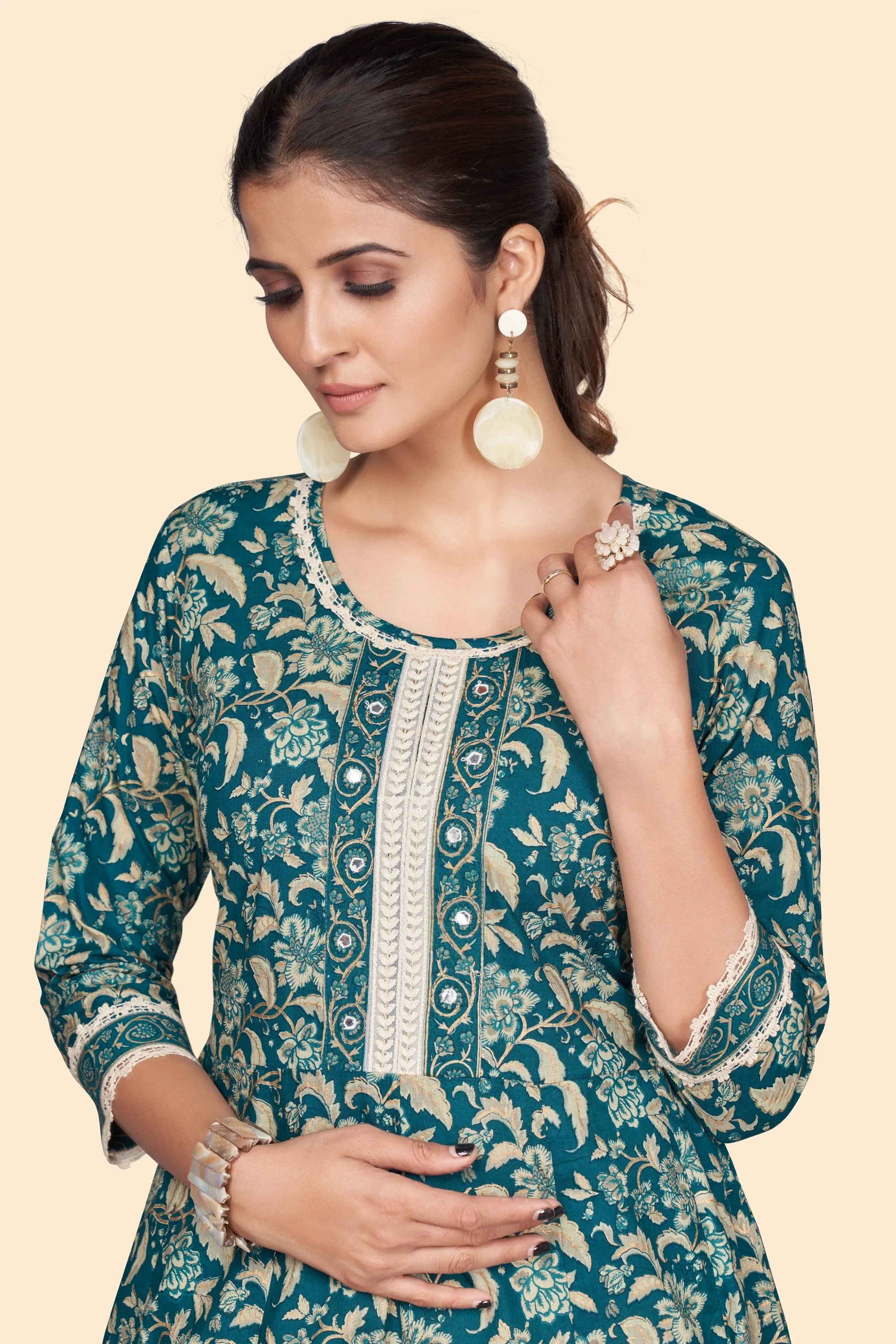 Women'S Floral Print A-Line Cotton Teal Stitched Kurta