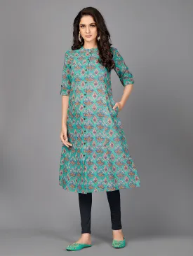 Women'S Floral Print A-Line Cotton Turquoise Stitched Kurta With Multiple Slit