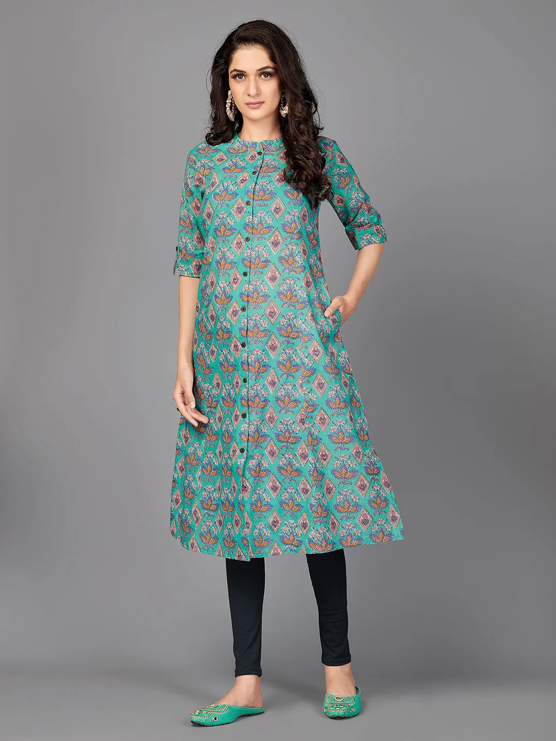 Women'S Floral Print A-Line Cotton Turquoise Stitched Kurta With Multiple Slit