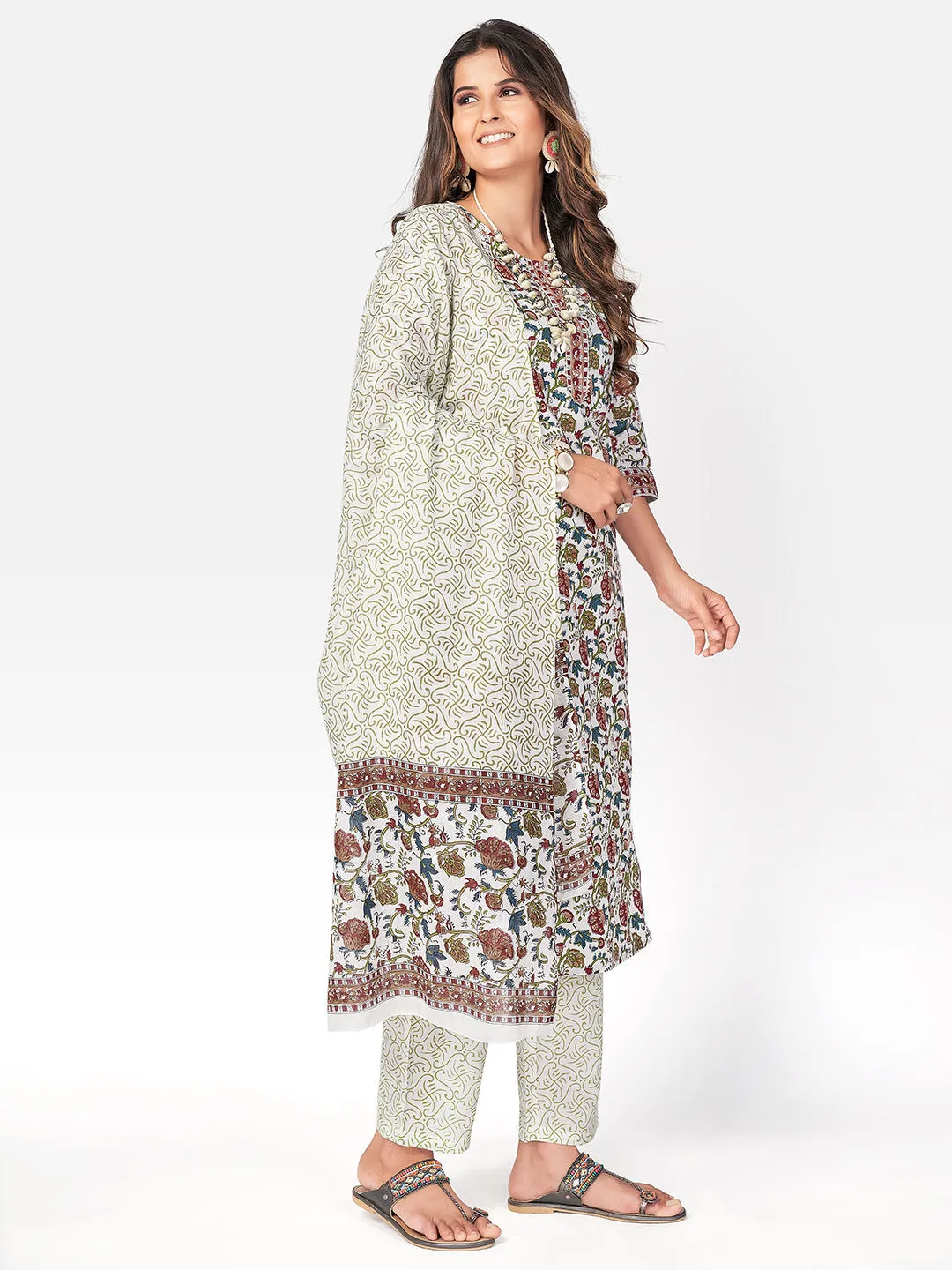 Women'S Floral Print & Gota Patti Straight Cotton White Kurta Pant With Dupatta