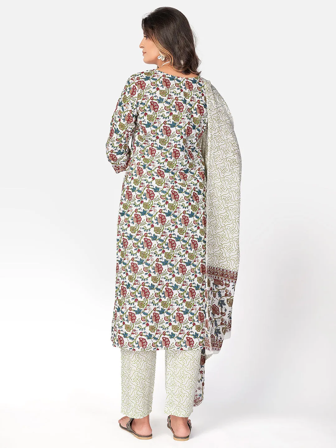 Women'S Floral Print & Gota Patti Straight Cotton White Kurta Pant With Dupatta