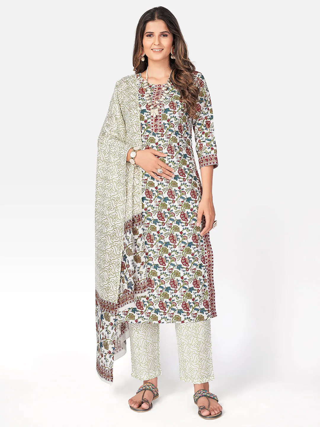 Women'S Floral Print & Gota Patti Straight Cotton White Kurta Pant With Dupatta