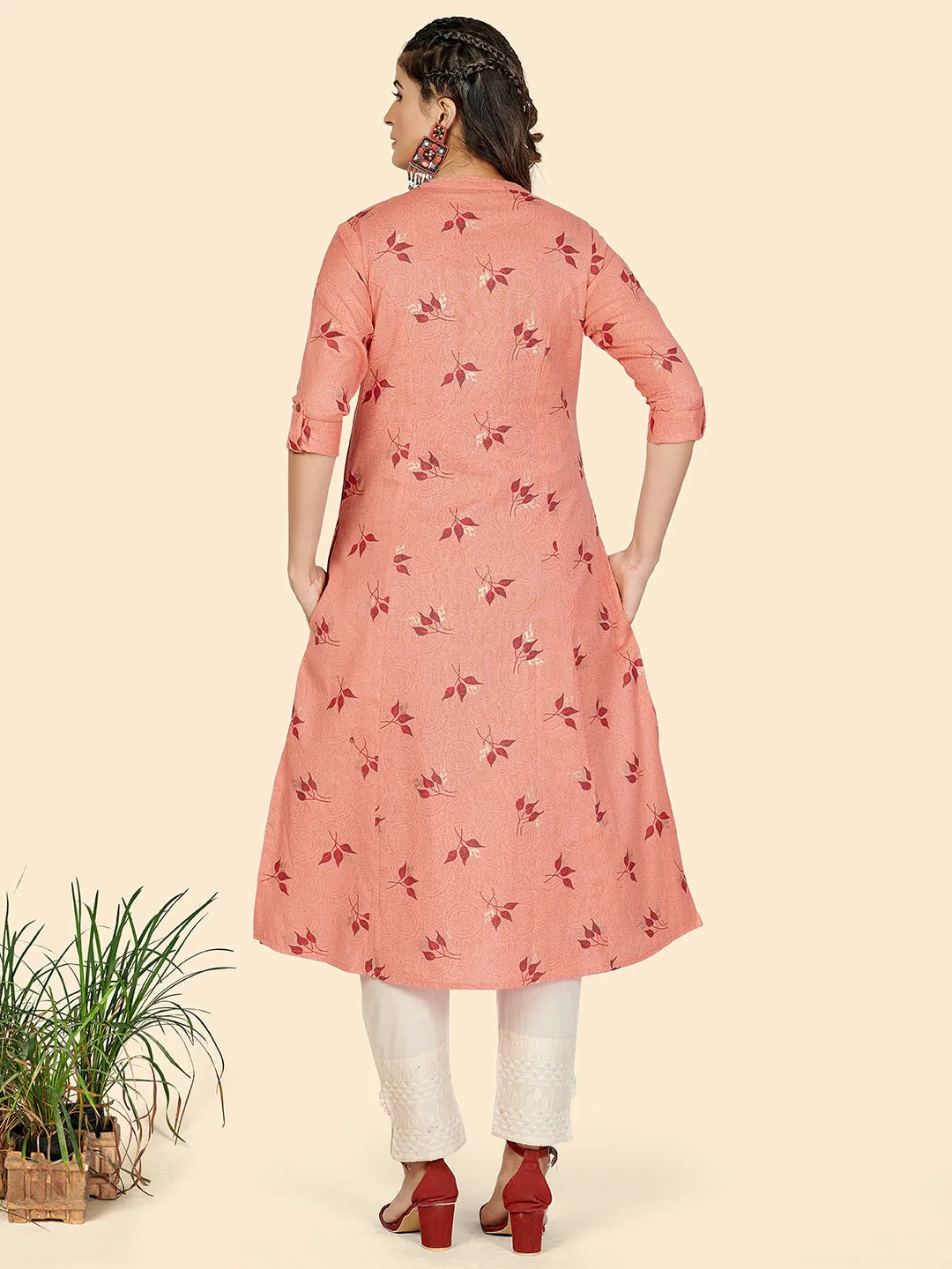 Women'S Foil Print A-Line Cotton Peach Stitched Kurta