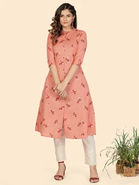 Women'S Foil Print A-Line Cotton Peach Stitched Kurta