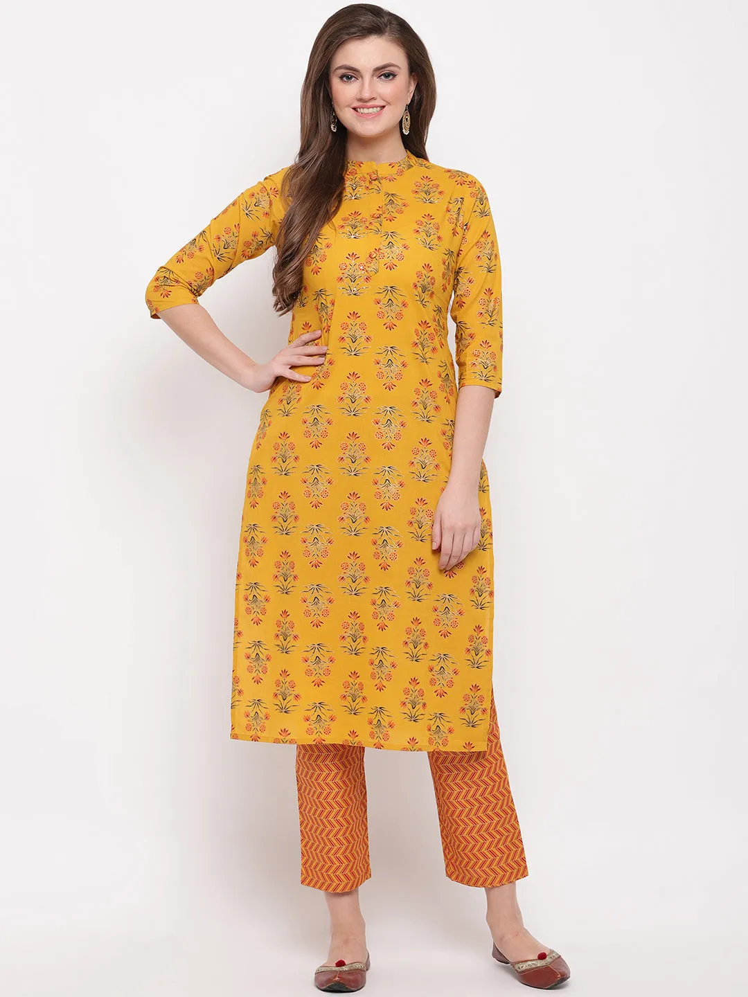 Women'S Foil Print & Hand Work Straight Cotton Yellow Kurti With Palazzo