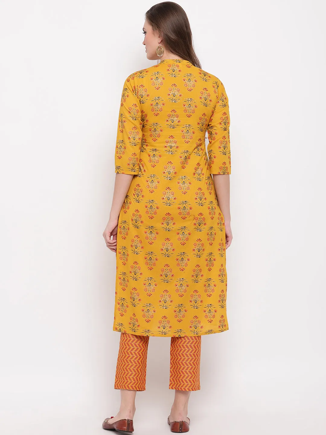 Women'S Foil Print & Hand Work Straight Cotton Yellow Kurti With Palazzo