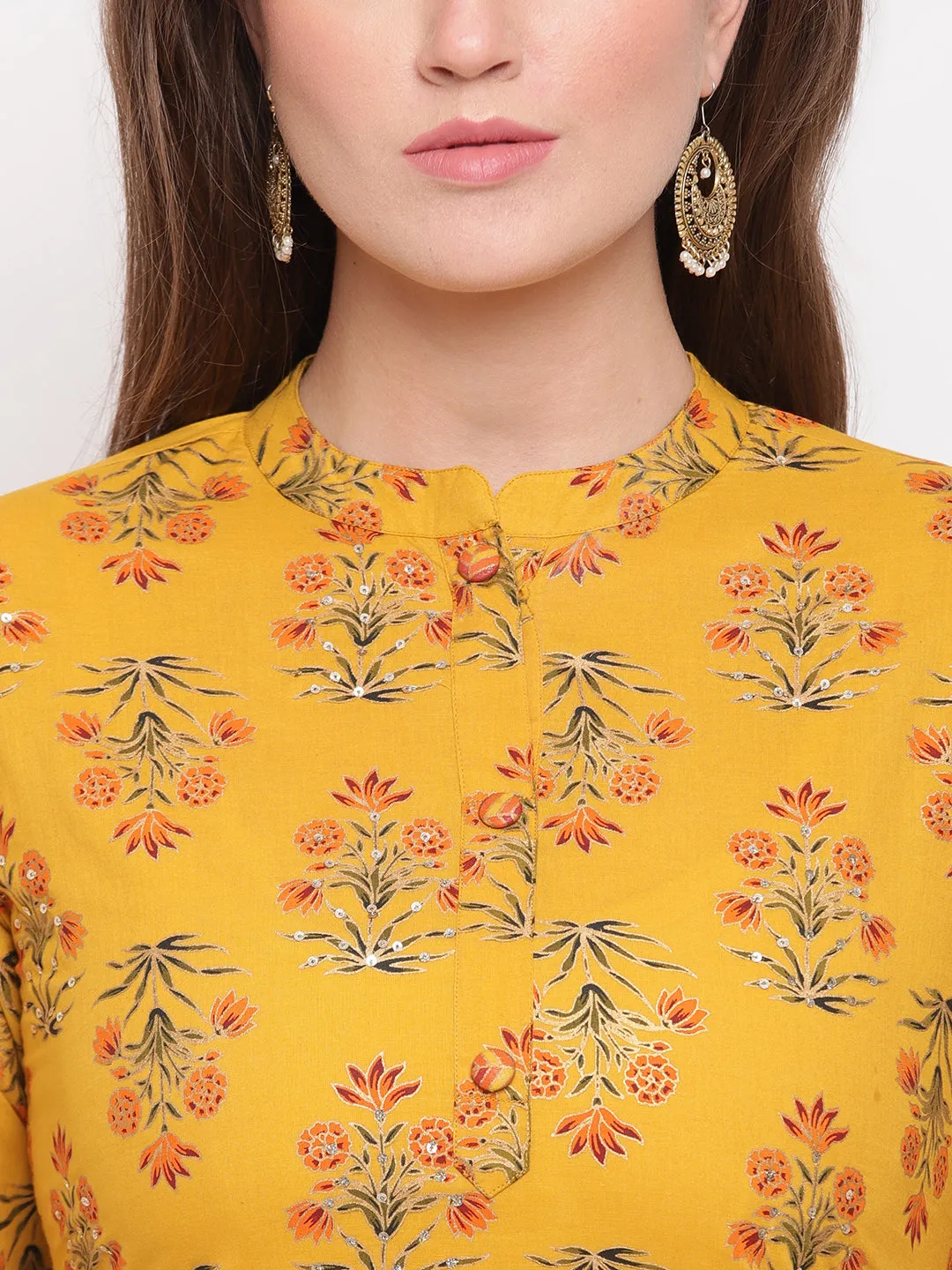 Women'S Foil Print & Hand Work Straight Cotton Yellow Kurti With Palazzo