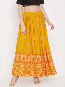 Women'S Mustard Flared Printed Maxi Skirt