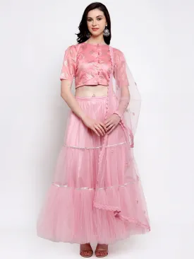 Women'S Pink Ready To Wear Lehenga & Blouse With Dupatta