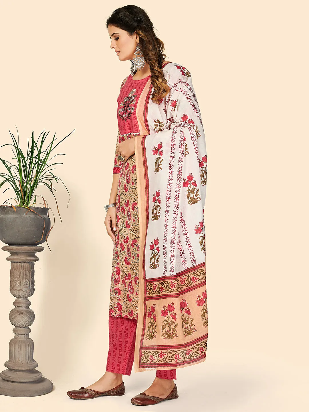 Women'S Print & Embroidered Straight Cotton Beige Stitched Kurta Pant With Dupatta