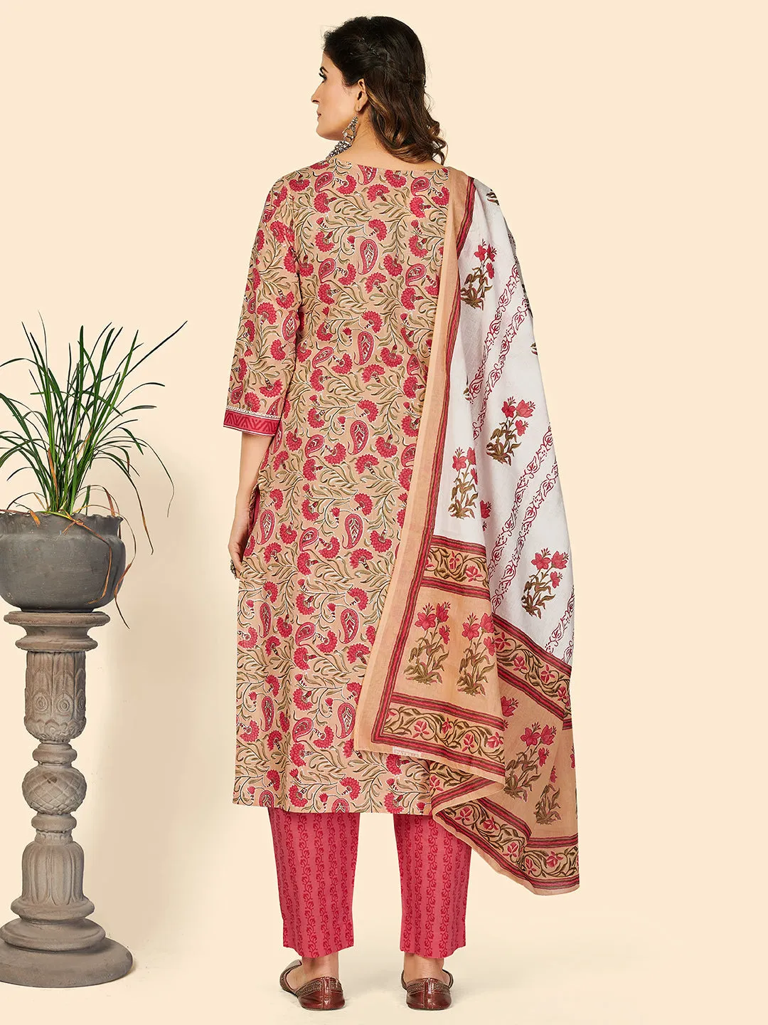 Women'S Print & Embroidered Straight Cotton Beige Stitched Kurta Pant With Dupatta