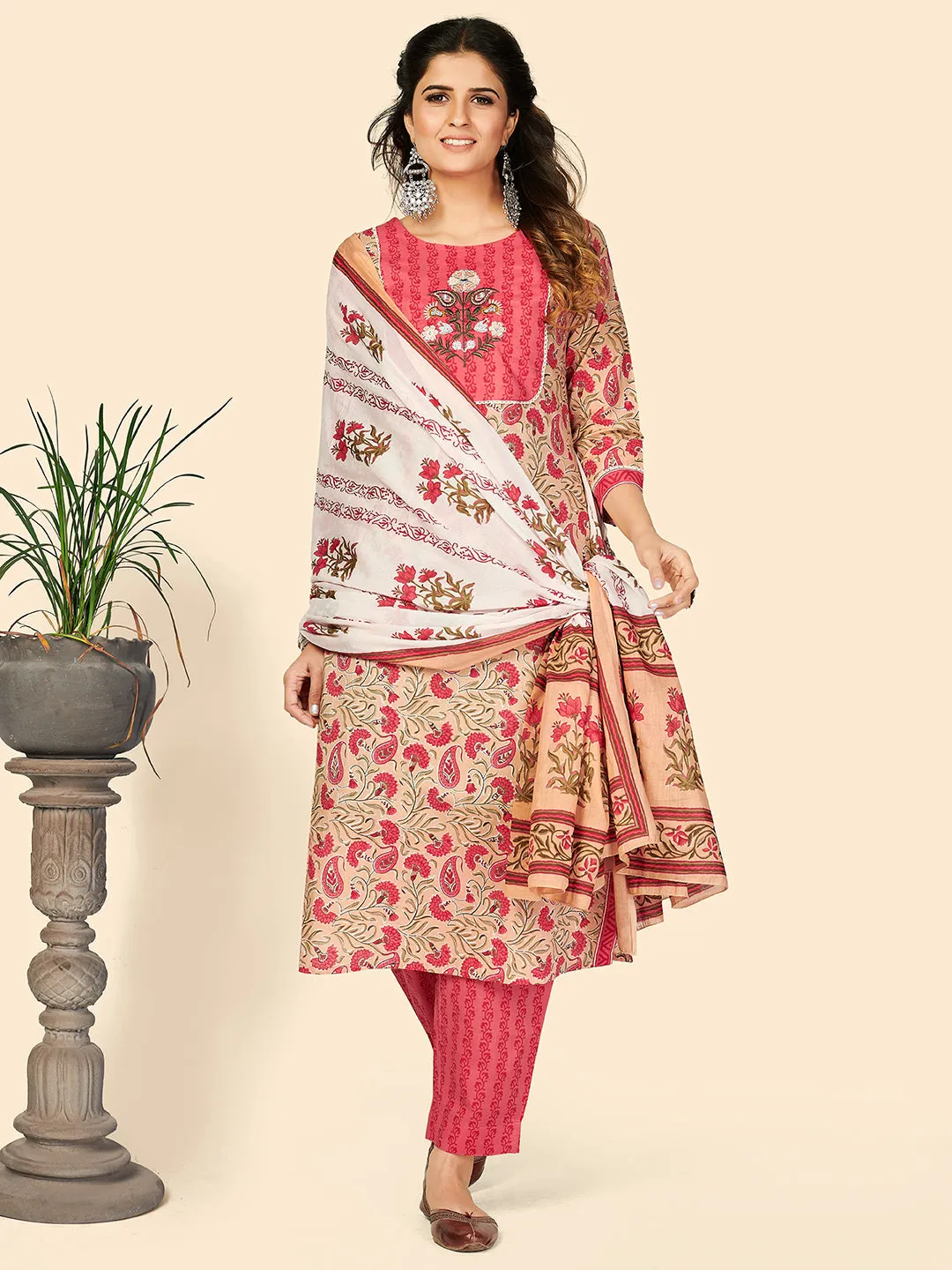 Women'S Print & Embroidered Straight Cotton Beige Stitched Kurta Pant With Dupatta