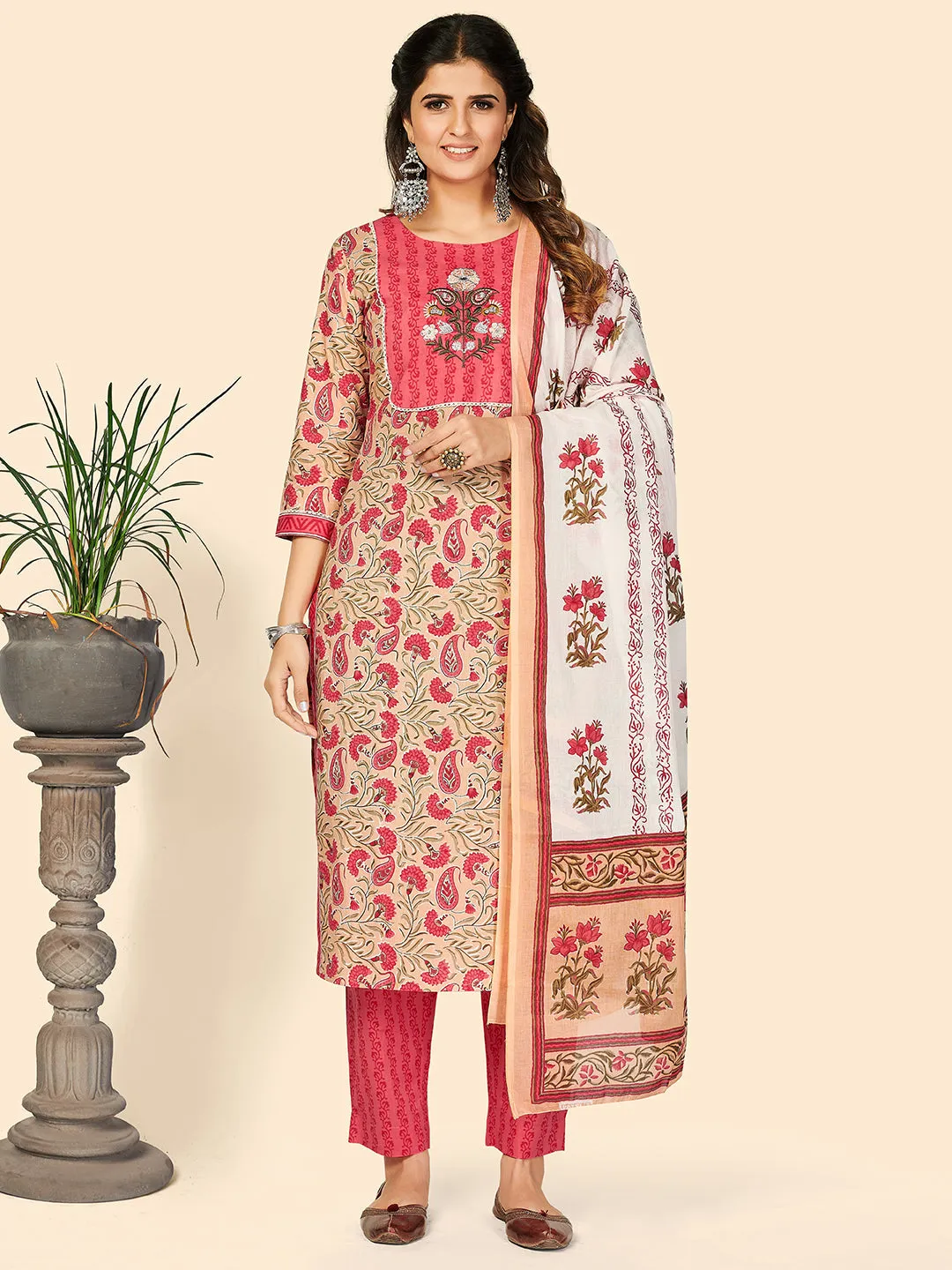 Women'S Print & Embroidered Straight Cotton Beige Stitched Kurta Pant With Dupatta