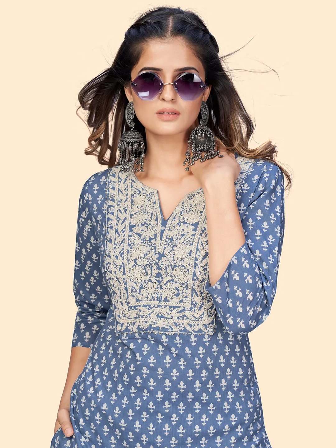 Women'S Print & Embroidered Straight Cotton Blue Stitched Kurta With Pant