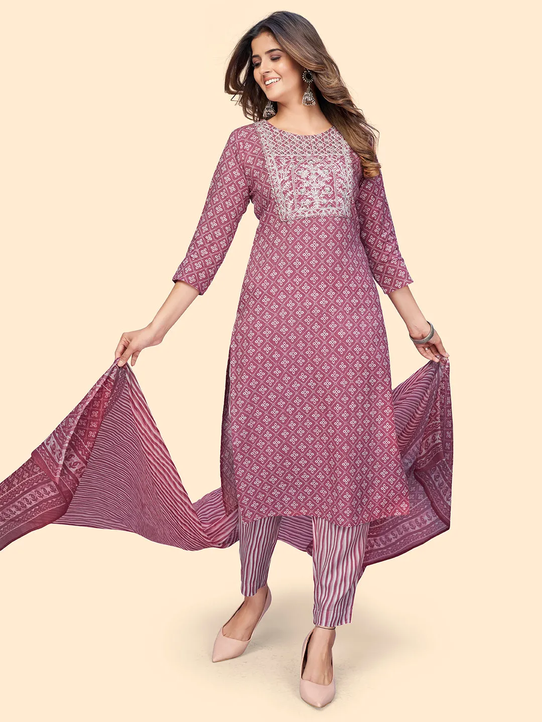 Women'S Print & Embroidered Straight Cotton Mauve Stitched Kurta Pant With Dupatta