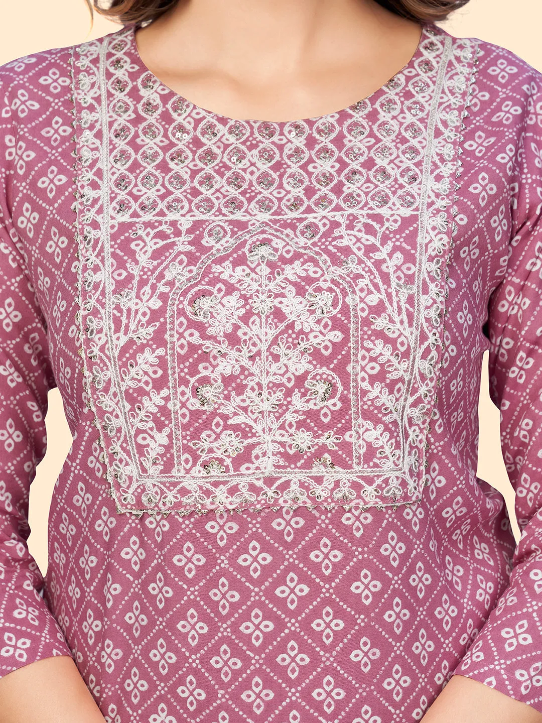 Women'S Print & Embroidered Straight Cotton Mauve Stitched Kurta Pant With Dupatta