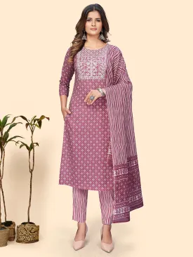 Women'S Print & Embroidered Straight Cotton Mauve Stitched Kurta Pant With Dupatta