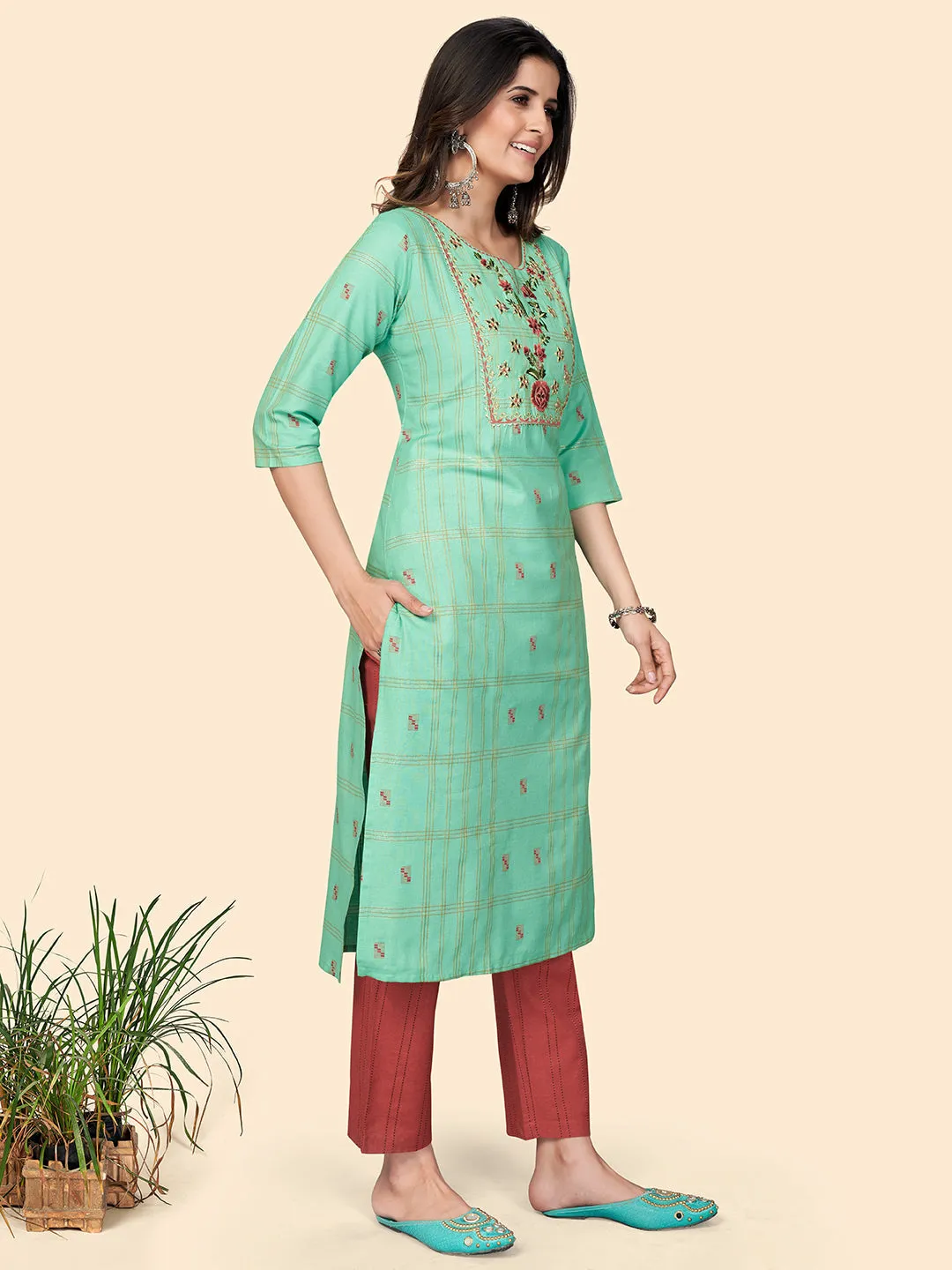 Women'S Print & Embroidered Straight Cotton Turquoise Stitched Kurta Pant With Dupatta