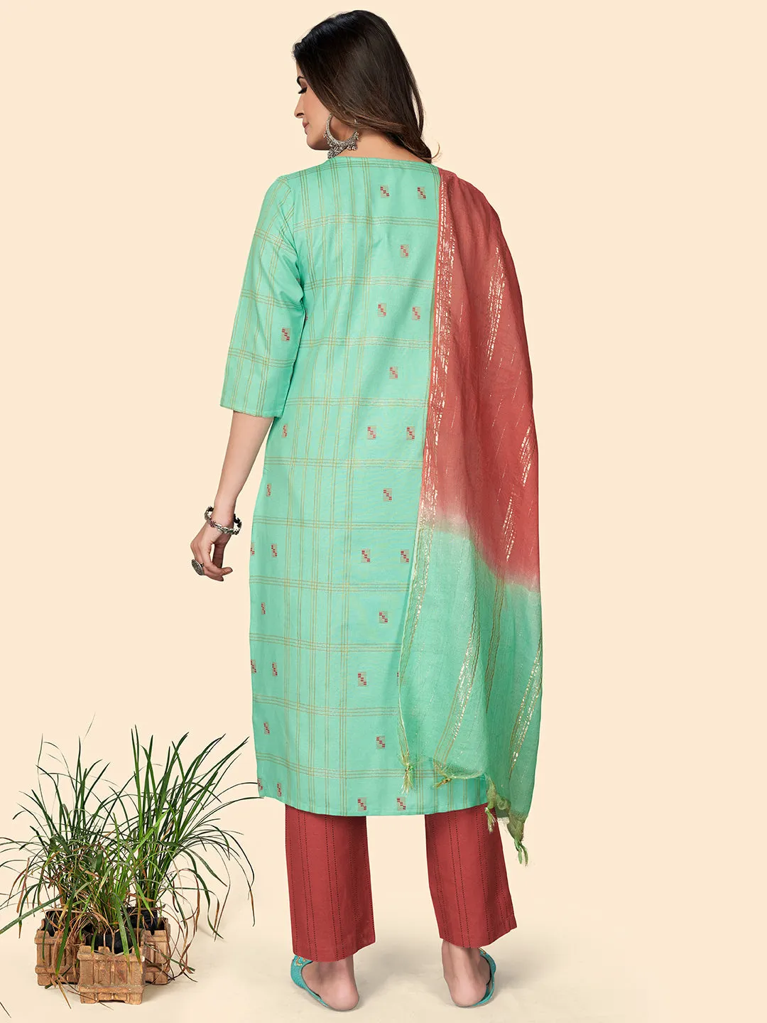 Women'S Print & Embroidered Straight Cotton Turquoise Stitched Kurta Pant With Dupatta