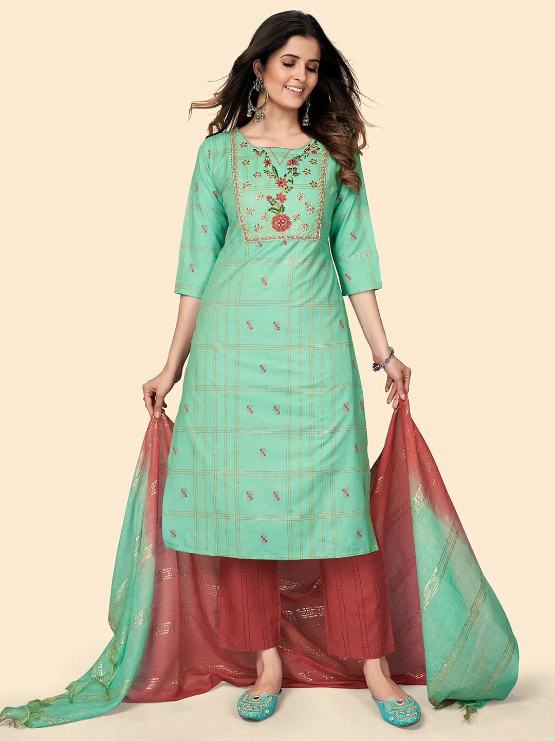 Women'S Print & Embroidered Straight Cotton Turquoise Stitched Kurta Pant With Dupatta