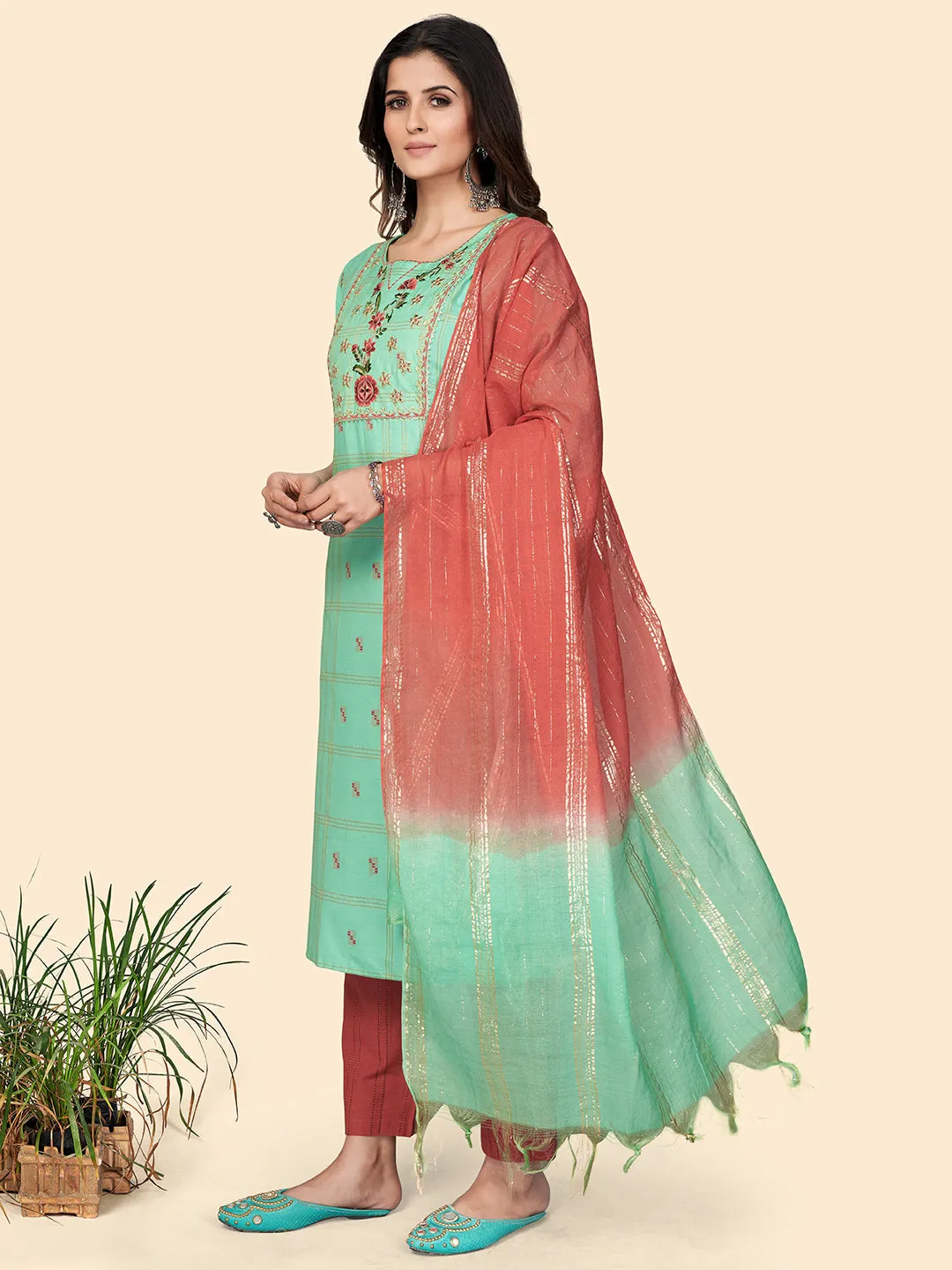 Women'S Print & Embroidered Straight Cotton Turquoise Stitched Kurta Pant With Dupatta