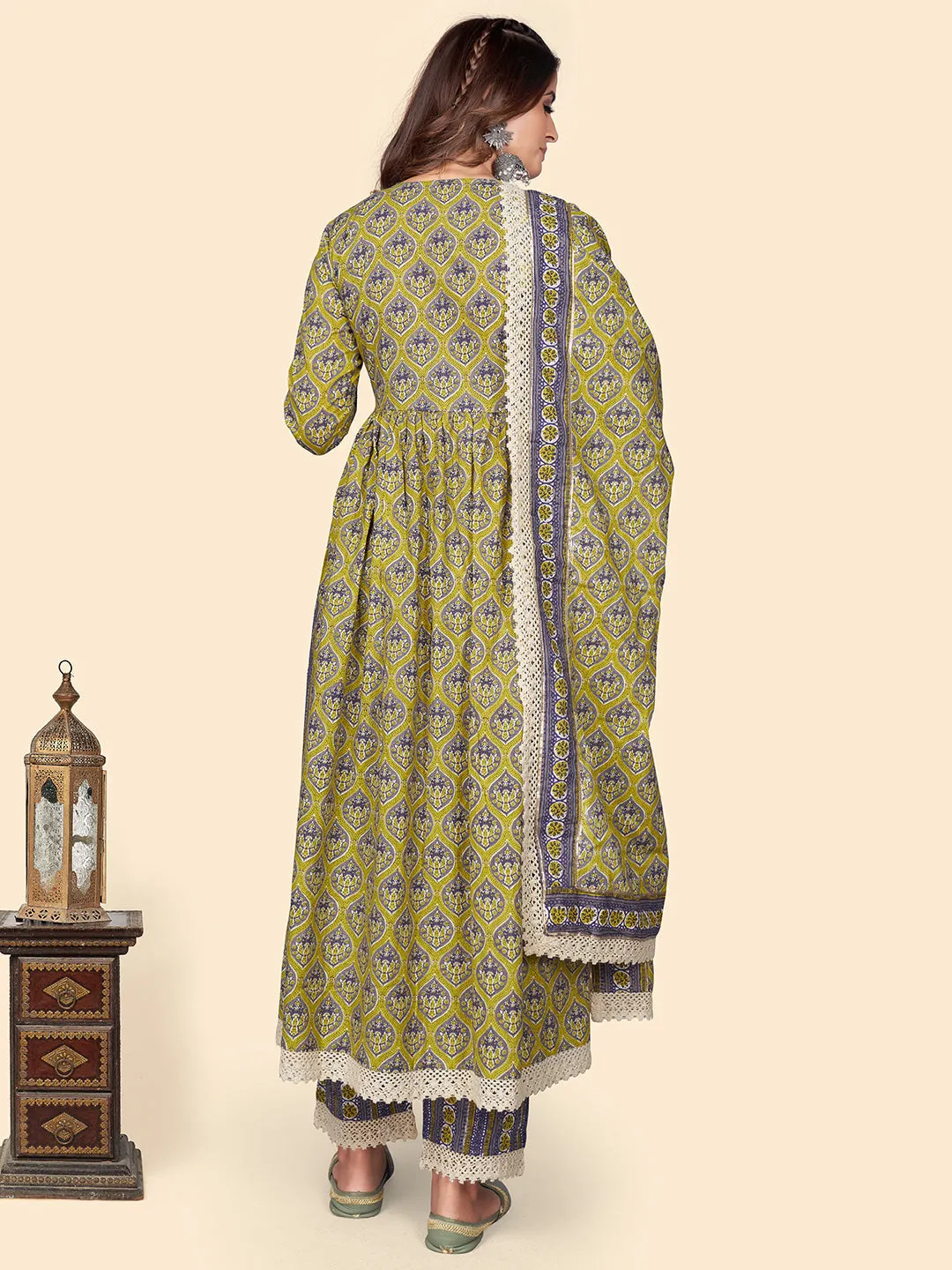 Women'S Print & Gota Patti Straight Cotton Olive Stitched Kurta Pant With Dupatta