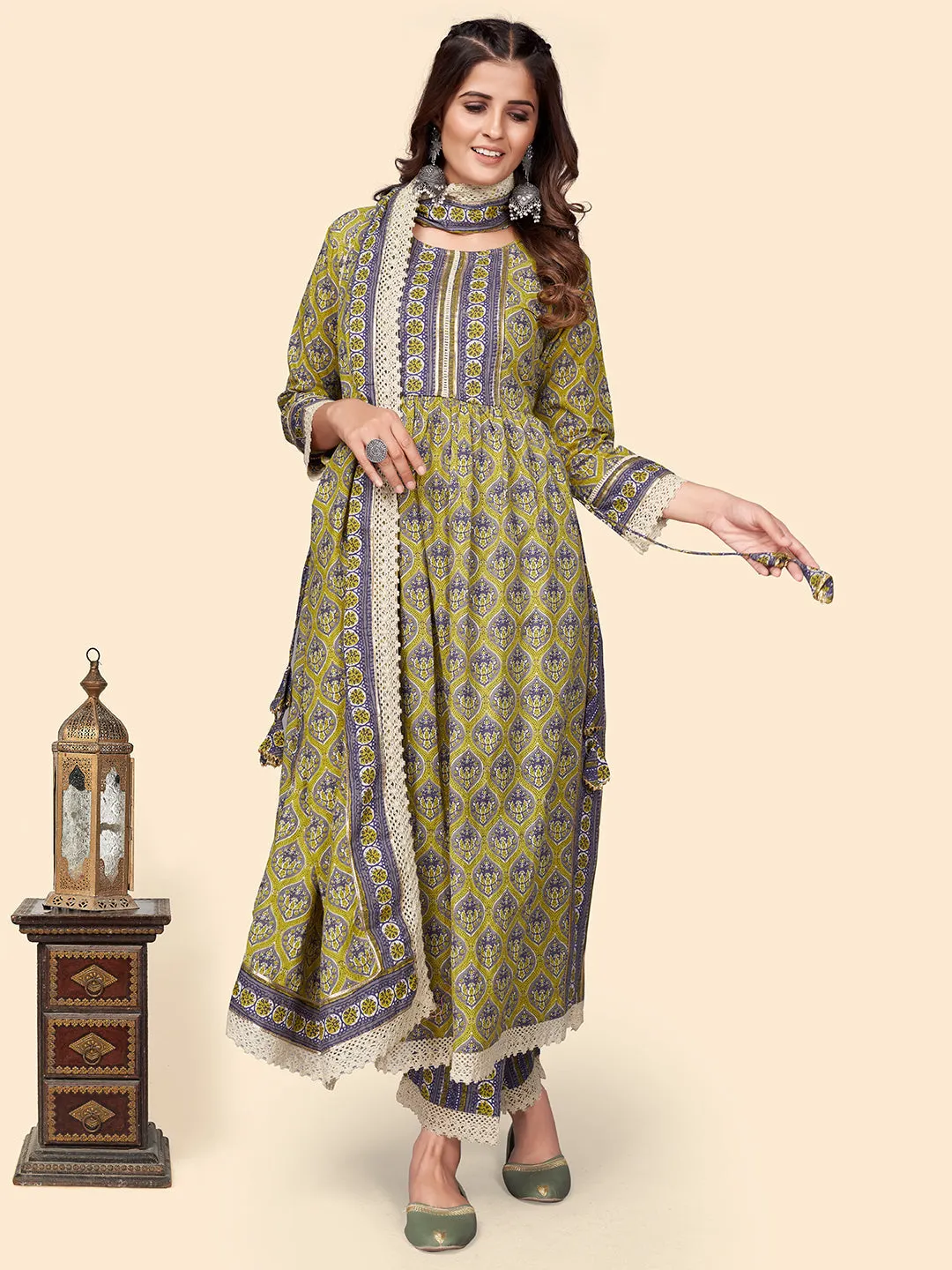 Women'S Print & Gota Patti Straight Cotton Olive Stitched Kurta Pant With Dupatta