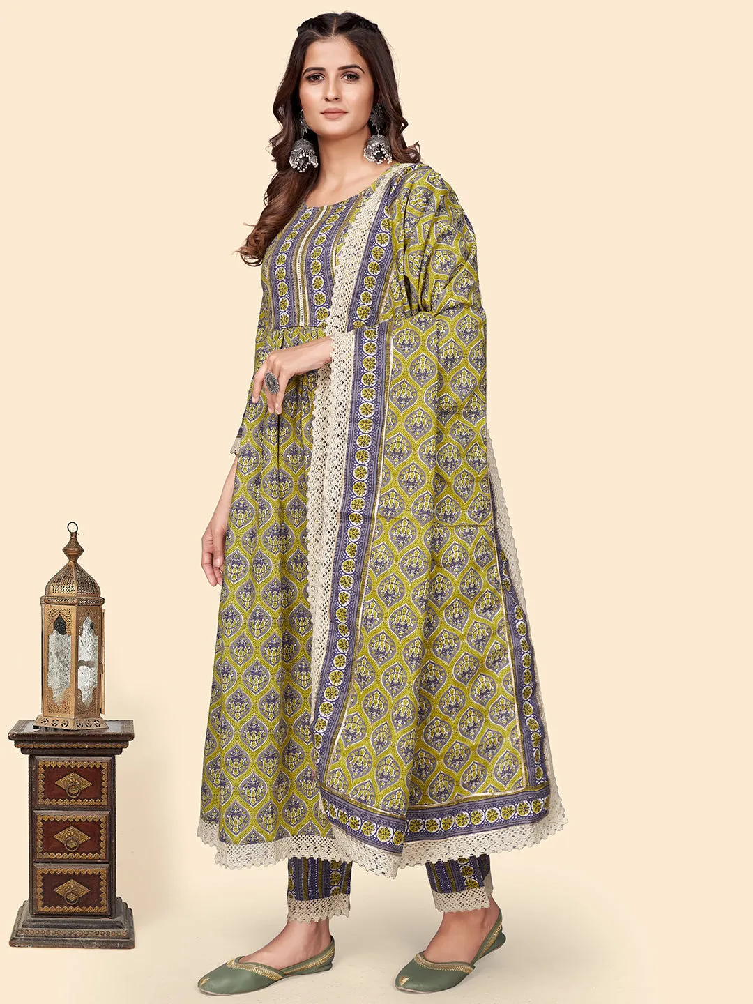 Women'S Print & Gota Patti Straight Cotton Olive Stitched Kurta Pant With Dupatta