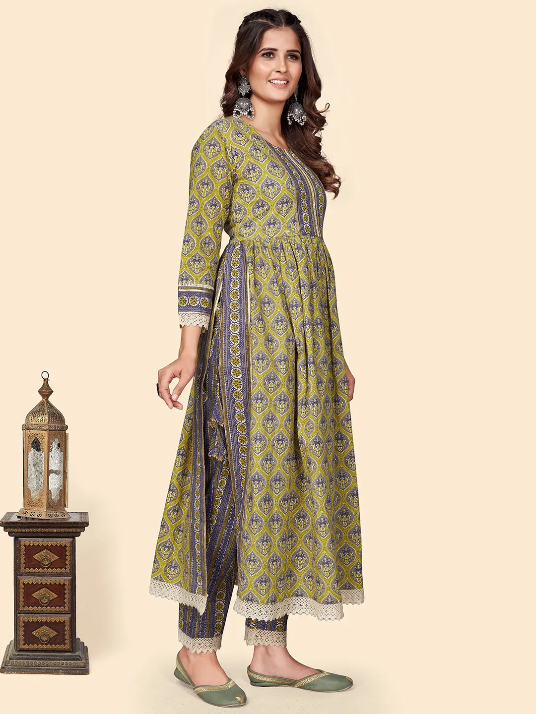 Women'S Print & Gota Patti Straight Cotton Olive Stitched Kurta Pant With Dupatta