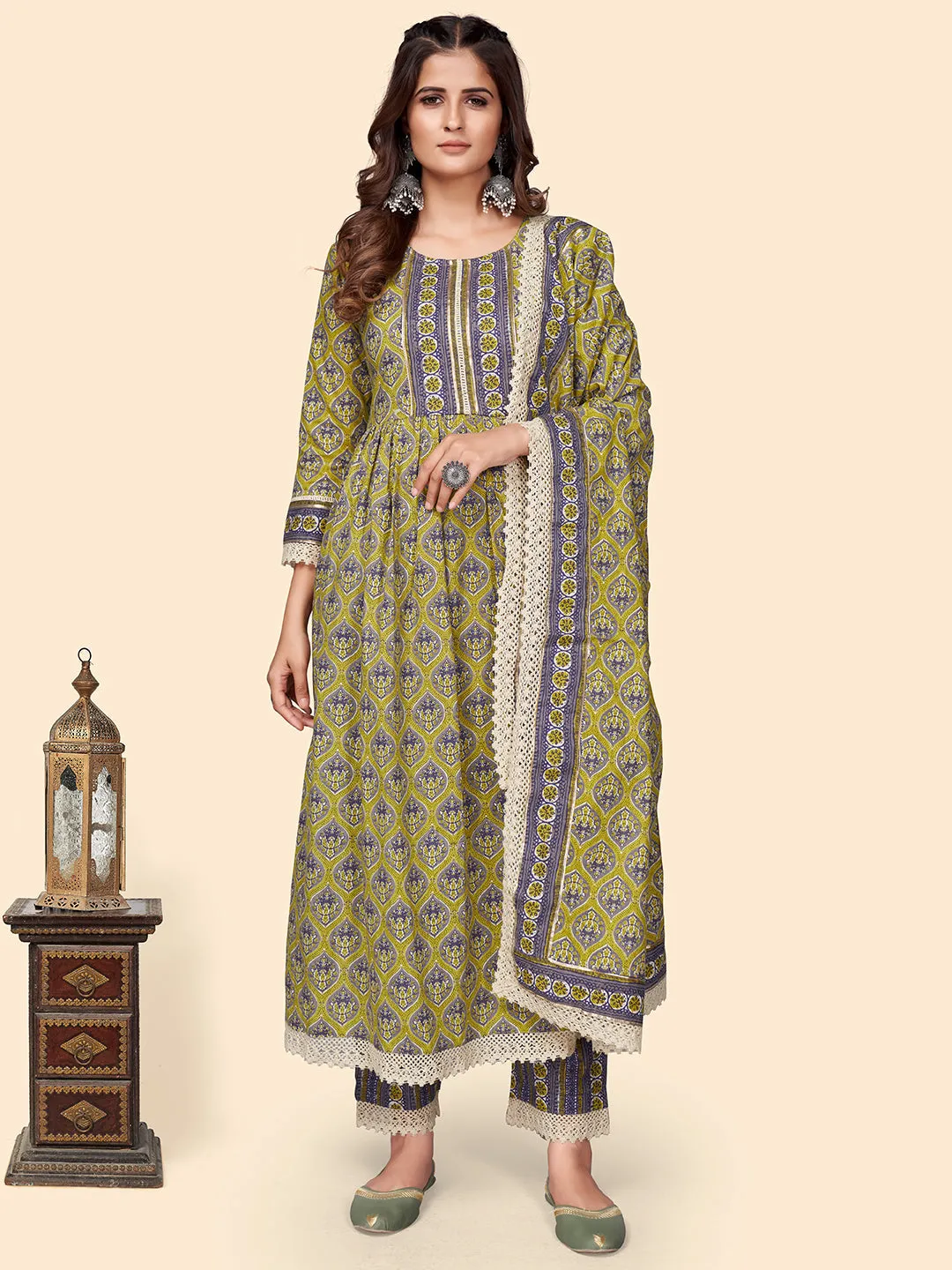 Women'S Print & Gota Patti Straight Cotton Olive Stitched Kurta Pant With Dupatta